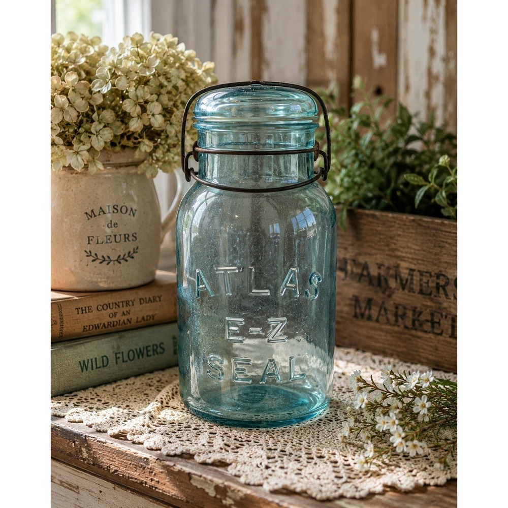 Vintage Atlas E-Z Seal‎ 1 Liter Aqua Mason Jar Wire Bail Closure w/ Glass Lid
